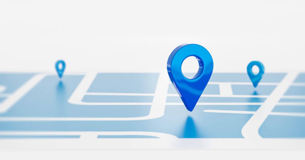 Blue location symbol pin icon sign or navigation locator map travel gps direction pointer and marker place position point design element on route graphic road mark destination background. 3D render.